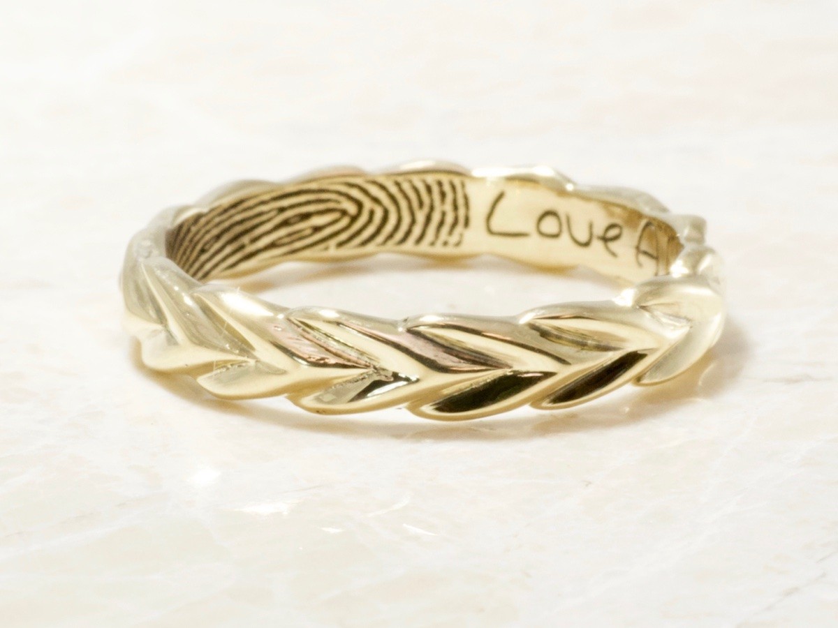 Narrow 14k Olive Branch Fingerprint Wedding Band with Interior Tip Print  High Polish Finish